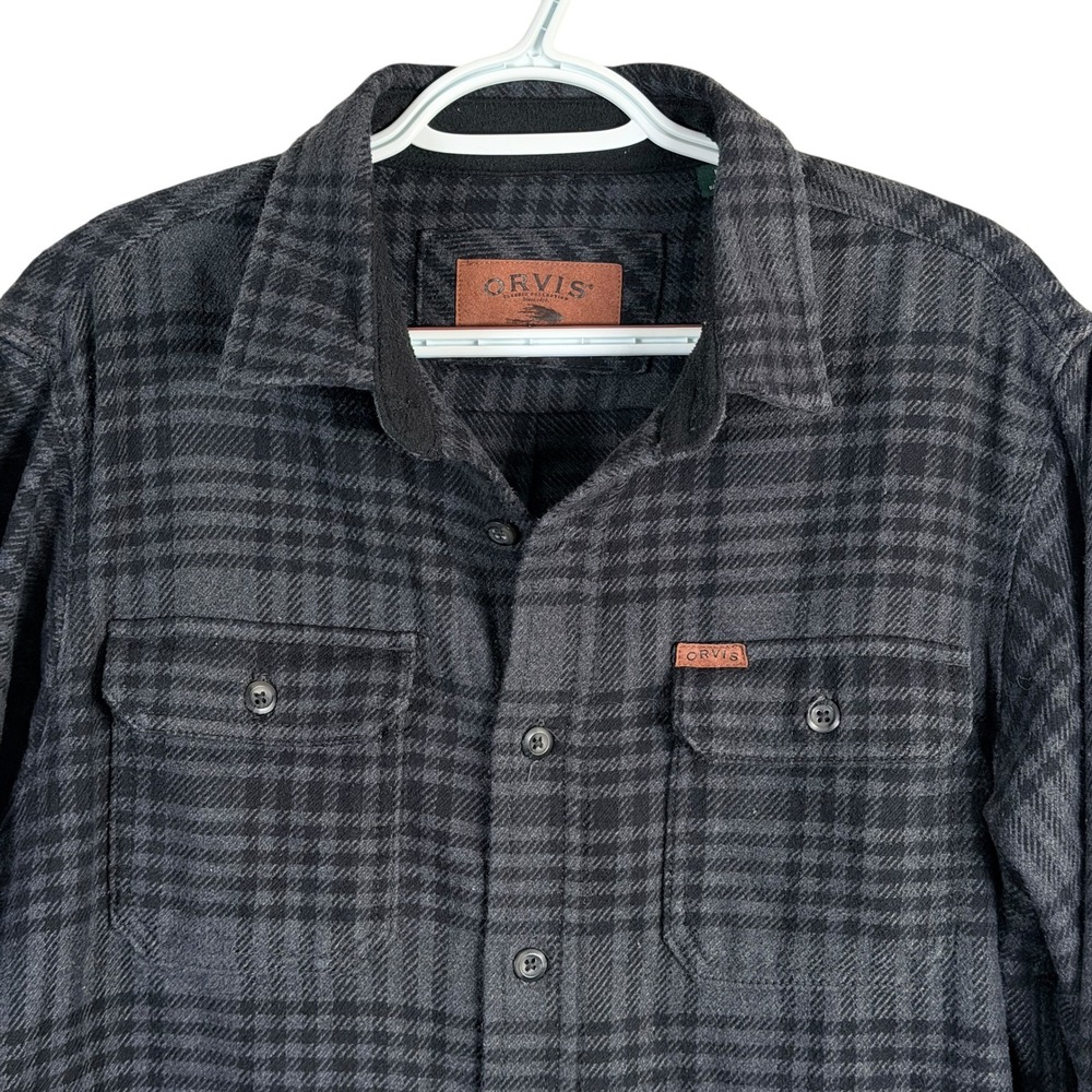 Orvis Flannel Shacket Shirt Jacket Mens M Gray Black Plaid Heavyweight Pocket